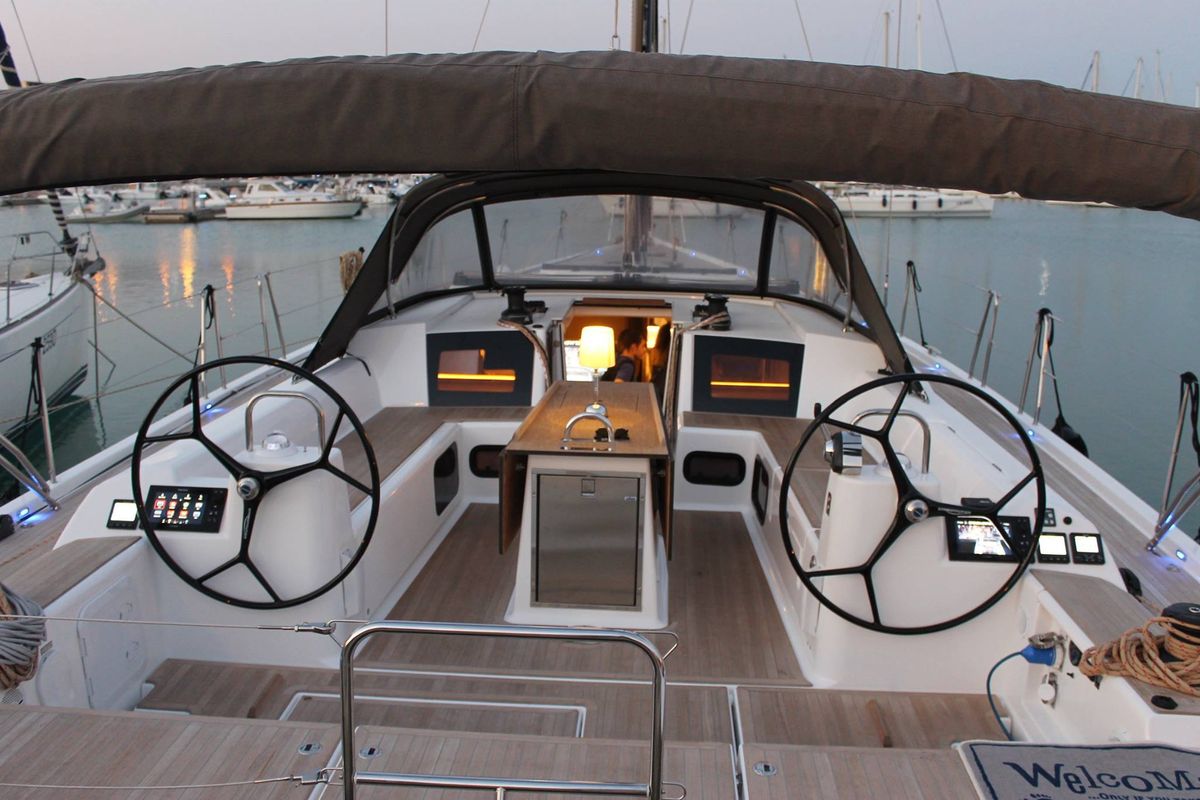 Cockpit of INVICTUS, a Dufour 56 Exclusive sailboat at Capo d'Orlando, Italy