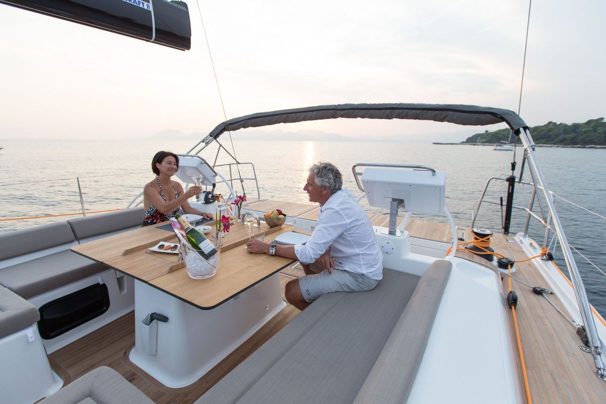 Cockpit of INVICTUS, a Dufour 56 Exclusive sailboat at Capo d'Orlando, Italy