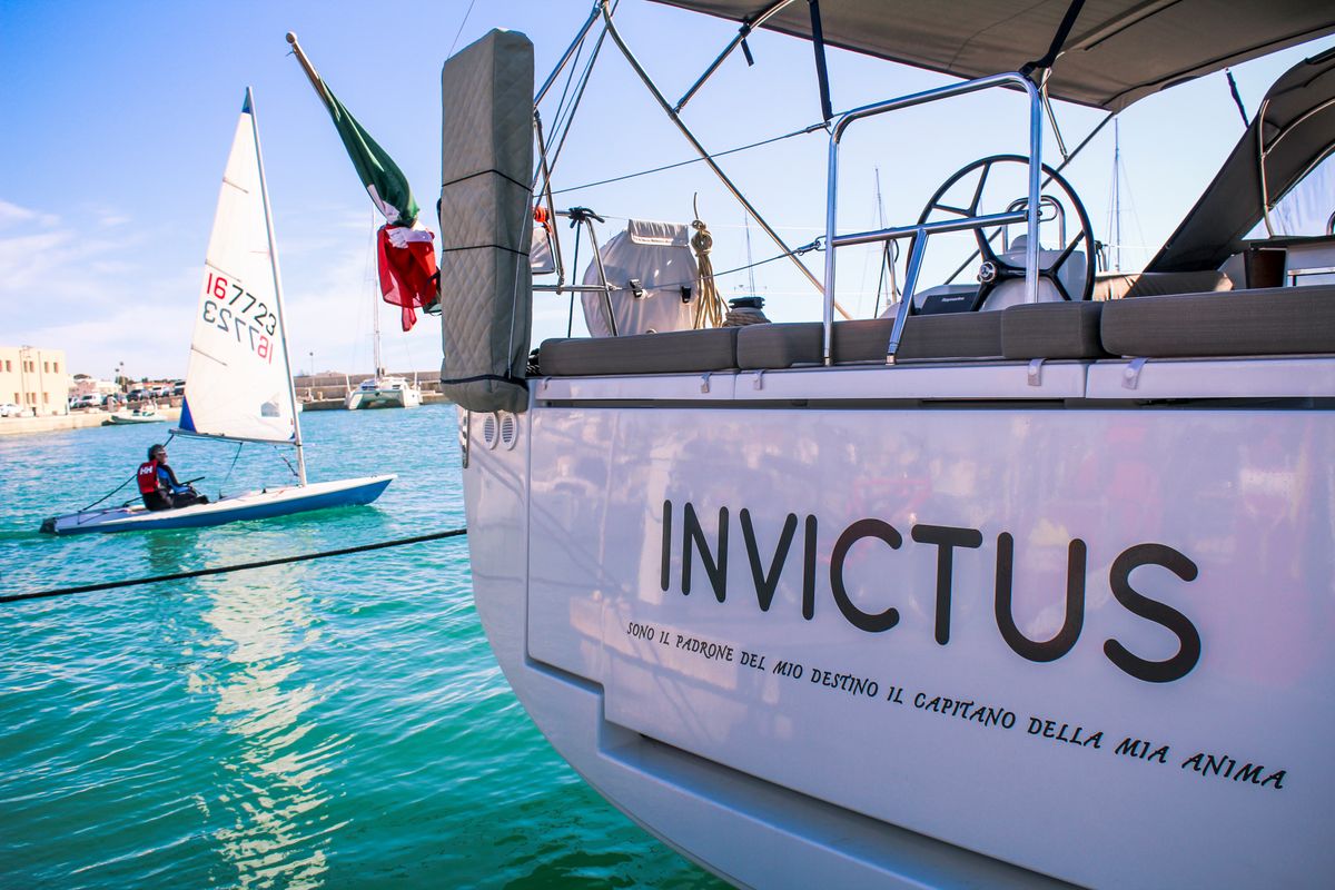 Exterior view of INVICTUS, a Dufour 56 Exclusive sailboat at Capo d'Orlando, Italy
