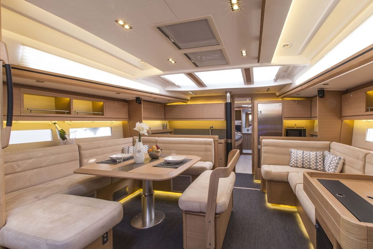 Salon of INVICTUS, a Dufour 56 Exclusive sailboat at Capo d'Orlando, Italy
