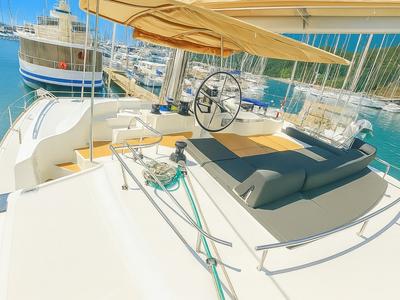Cockpit of Orion Star, a Lagoon 52 catamaran at Volos Municipality, Greece