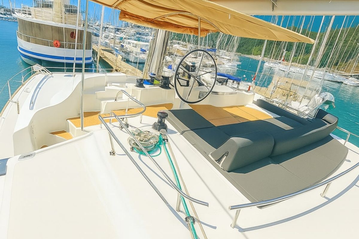 Cockpit of Orion Star, a Lagoon 52 catamaran at Volos Municipality, Greece