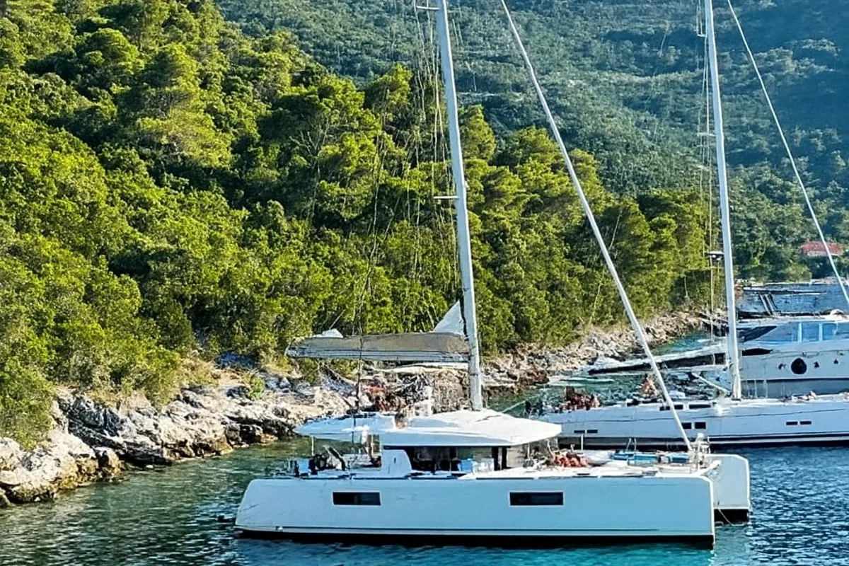 Exterior view of Orion Star, a Lagoon 52 catamaran at Volos Municipality, Greece