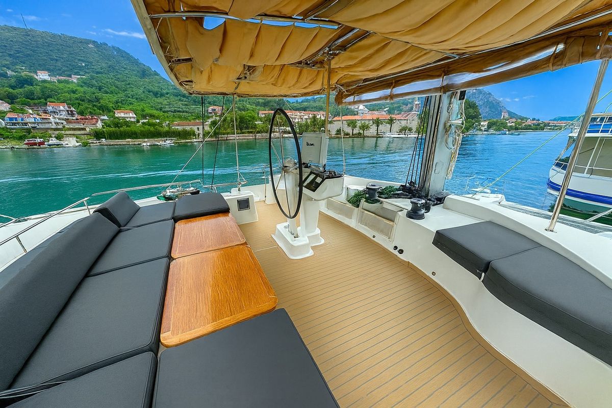 Cockpit of Orion Star, a Lagoon 52 catamaran at Volos Municipality, Greece