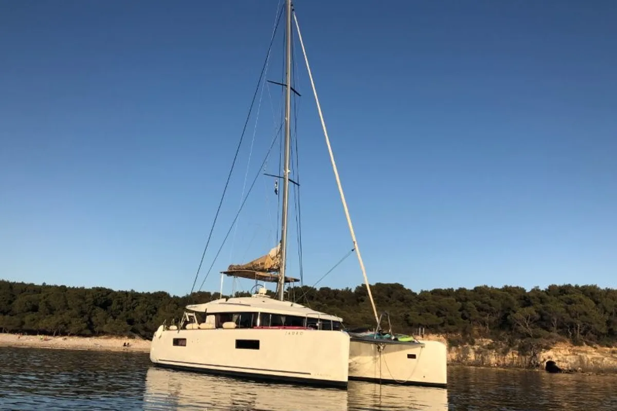Exterior view of Orion Star, a Lagoon 52 catamaran at Volos Municipality, Greece