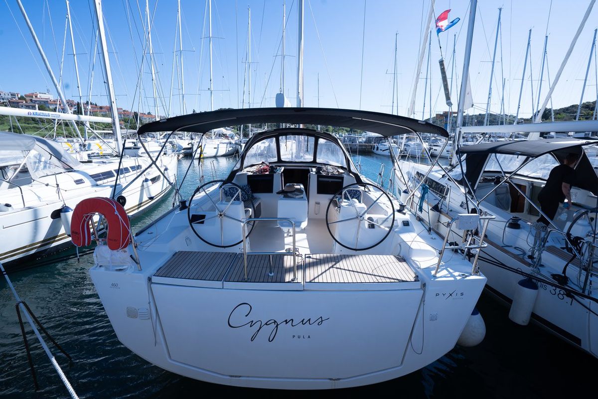 Exterior view of Cygnus, a Dufour 460 GL sailboat at Grad Pula, Croatia