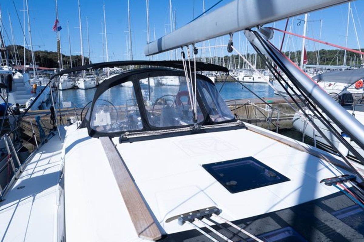 Deck of Cygnus, a Dufour 460 GL sailboat at Grad Pula, Croatia