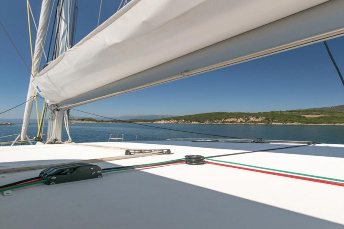 Deck of Armonia, a Lagoon 400 S2 catamaran at Municipal Unit of Palairos, Greece