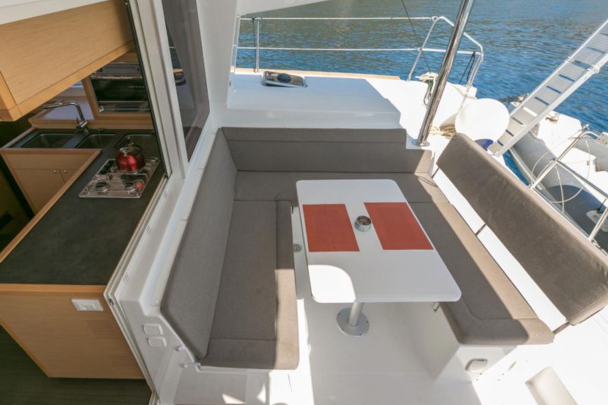 Deck of Armonia, a Lagoon 400 S2 catamaran at Municipal Unit of Palairos, Greece