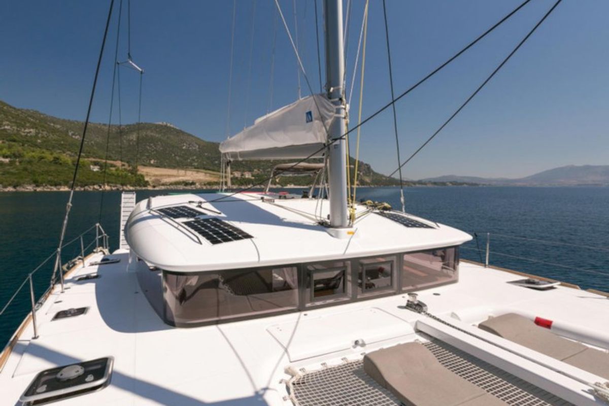 Exterior view of Armonia, a Lagoon 400 S2 catamaran at Municipal Unit of Palairos, Greece