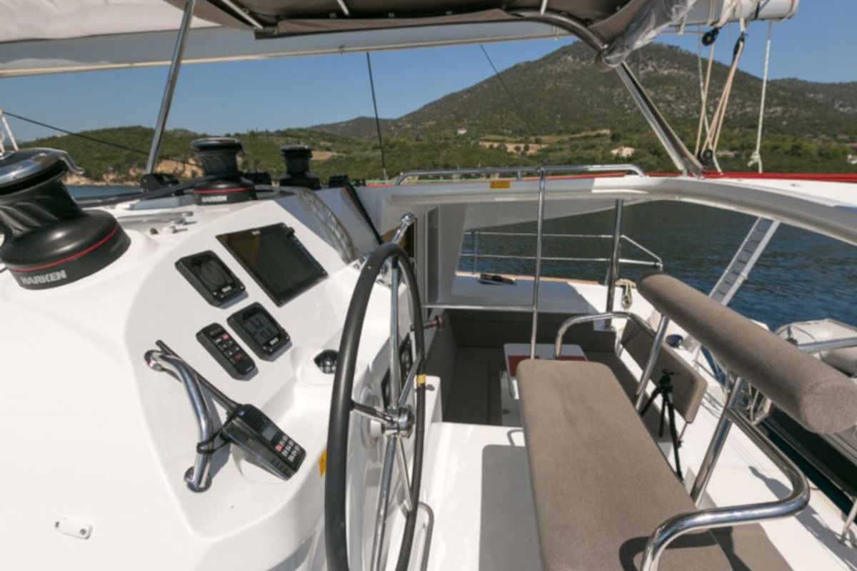 Cockpit of Armonia, a Lagoon 400 S2 catamaran at Municipal Unit of Palairos, Greece