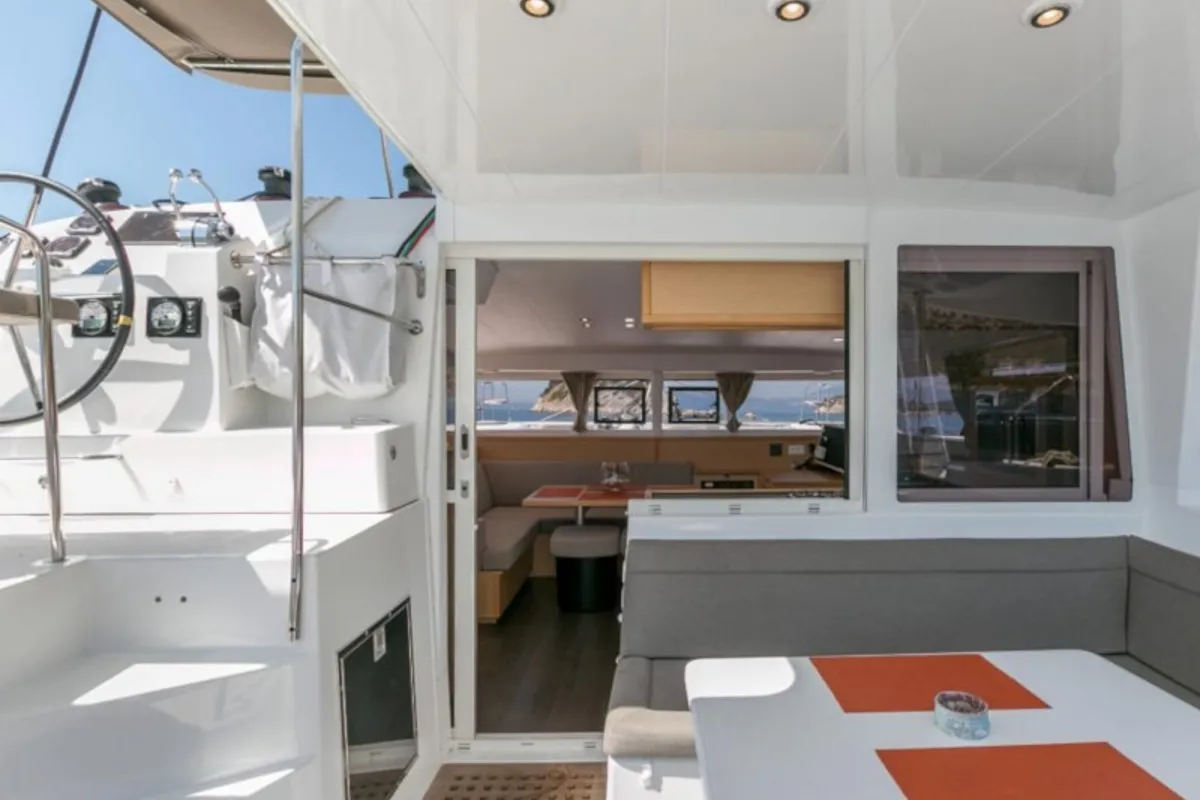 Deck of Armonia, a Lagoon 400 S2 catamaran at Municipal Unit of Palairos, Greece