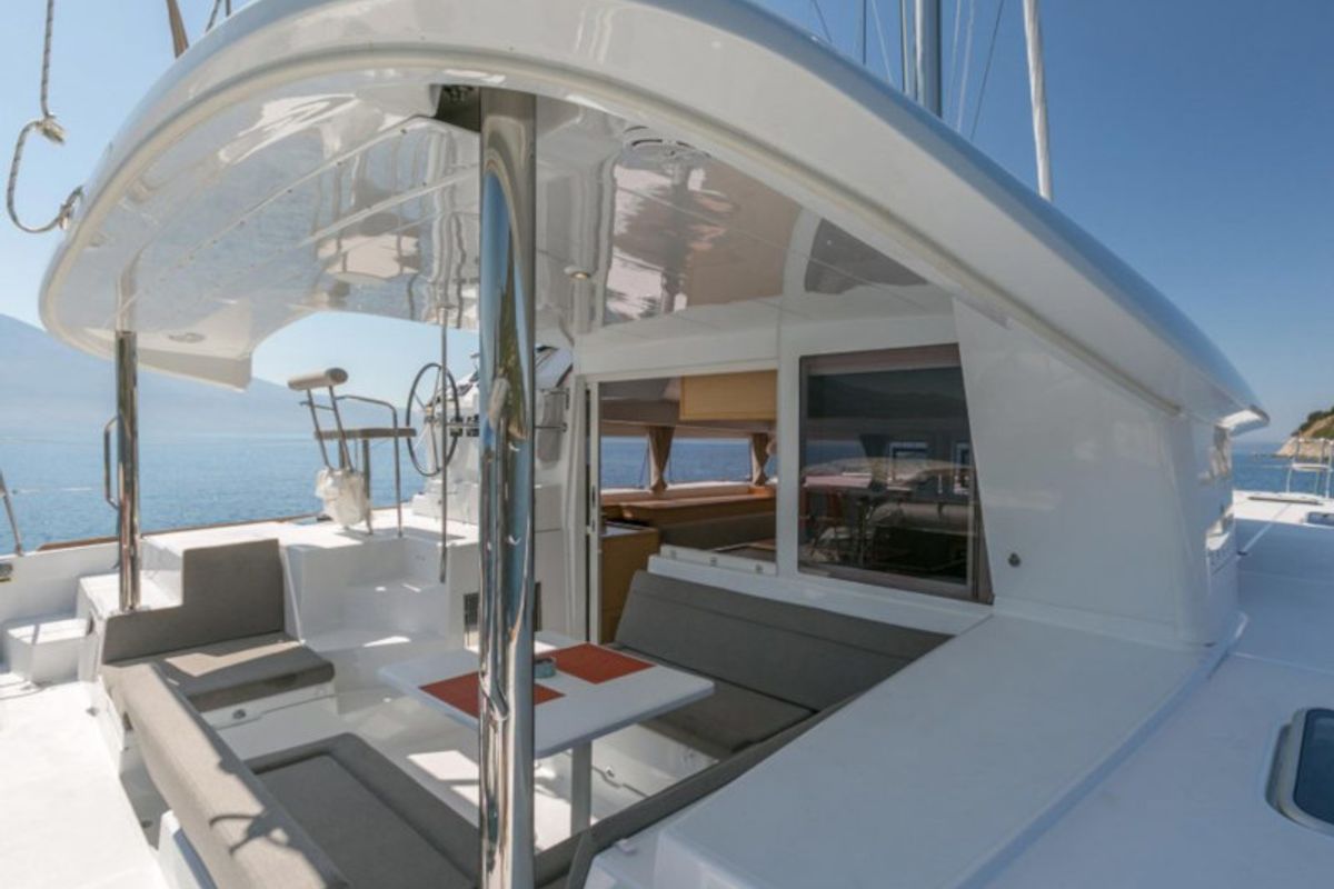 Deck of Armonia, a Lagoon 400 S2 catamaran at Municipal Unit of Palairos, Greece