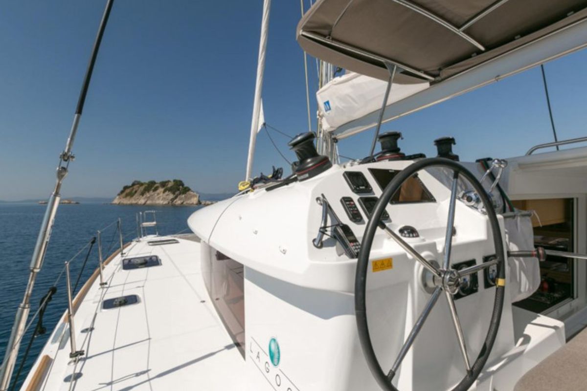 Cockpit of Armonia, a Lagoon 400 S2 catamaran at Municipal Unit of Palairos, Greece