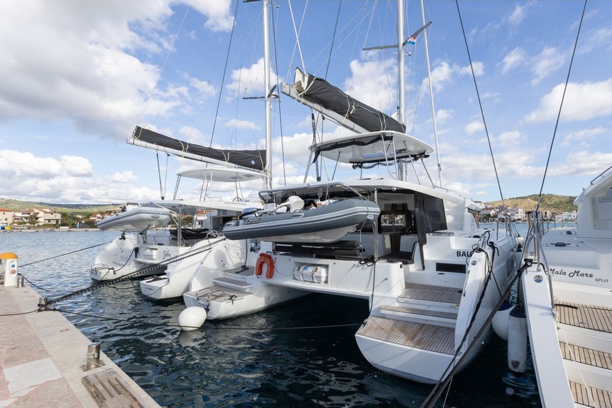Exterior view of Linda II, a Lagoon 46 catamaran at Split, Croatia