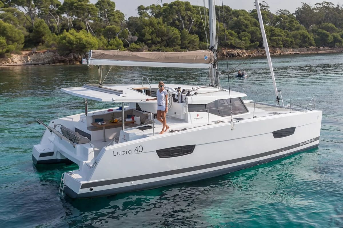 Exterior view of Marlea, a Fountaine Pajot Lucia 40 catamaran at Cogolin, France