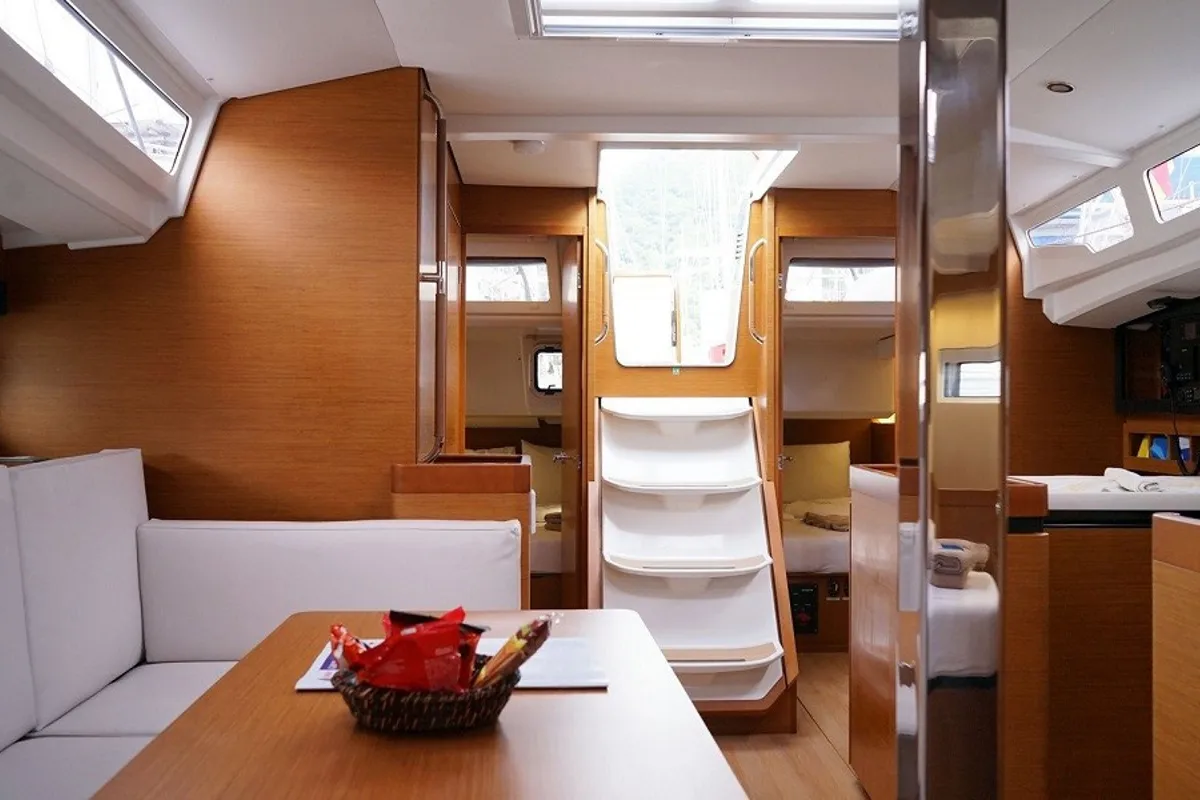 Salon of Premium, a Jeanneau Sun Odyssey 440 sailboat at Bodrum, Turkey