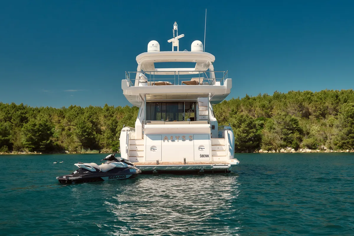 Exterior view of Alyss, a Azimut 72 yacht at Skradin, Croatia