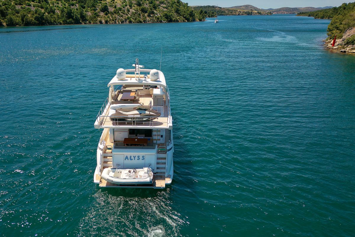 Exterior view of Alyss, a Azimut 72 yacht at Skradin, Croatia