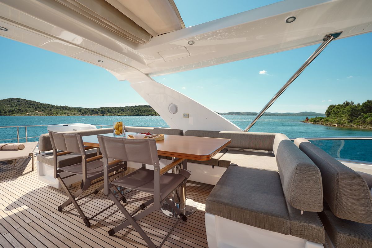 Deck of Alyss, a Azimut 72 yacht at Skradin, Croatia