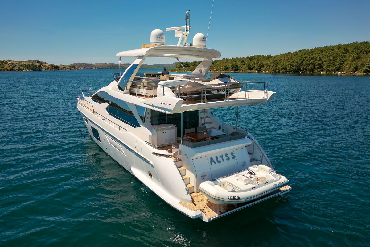 Exterior view of Alyss, a Azimut 72 yacht at Skradin, Croatia