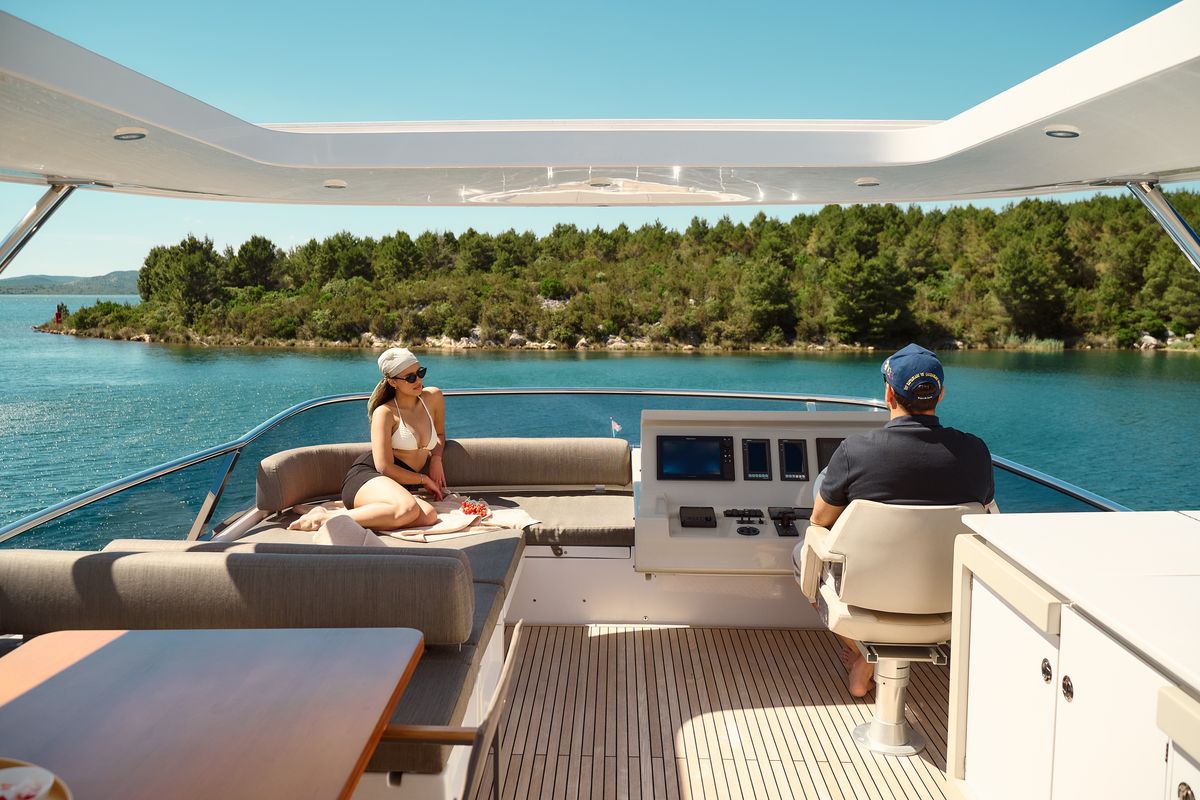 Deck of Alyss, a Azimut 72 yacht at Skradin, Croatia