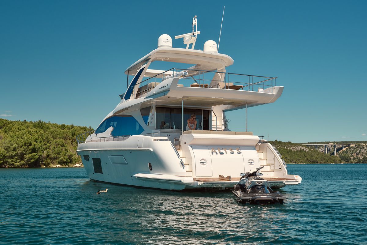 Exterior view of Alyss, a Azimut 72 yacht at Skradin, Croatia