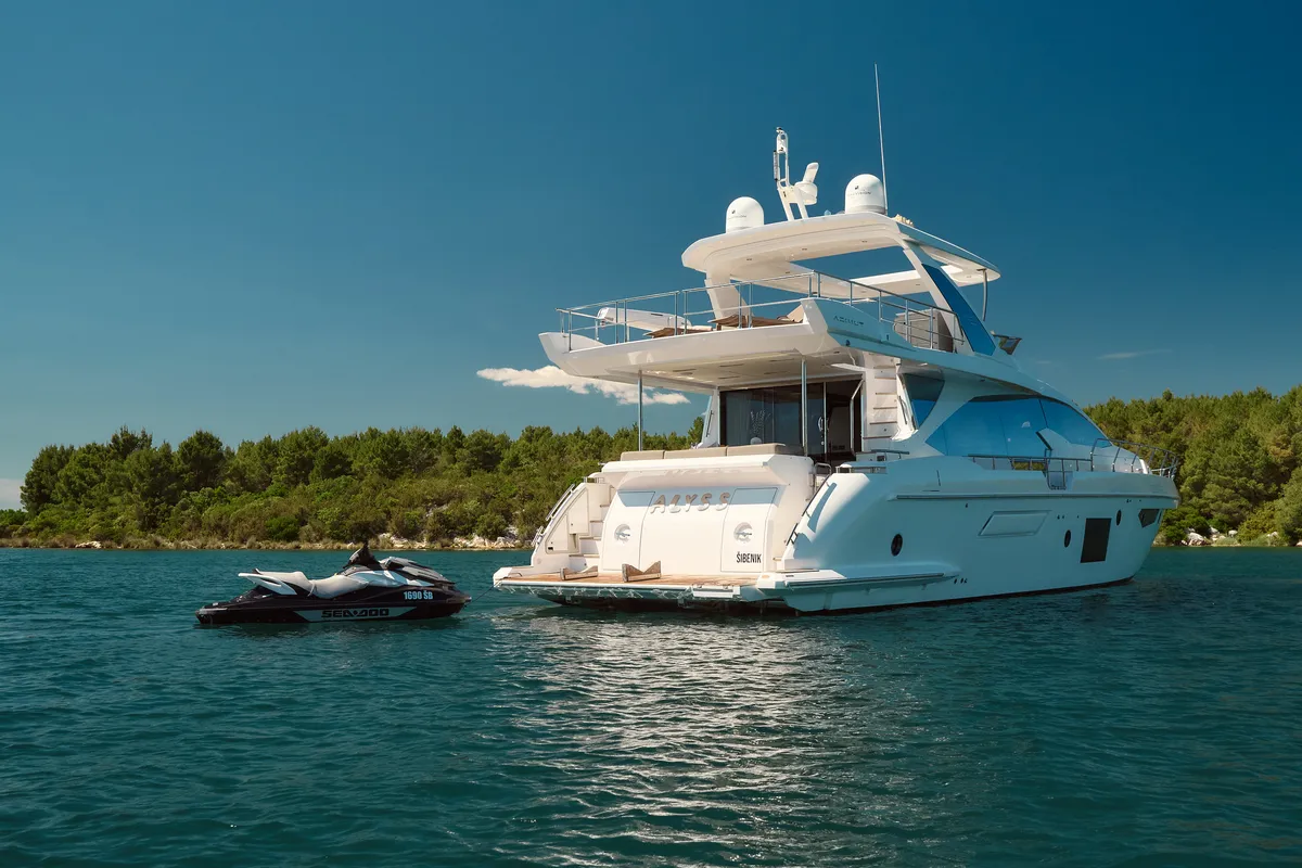 Exterior view of Alyss, a Azimut 72 yacht at Skradin, Croatia