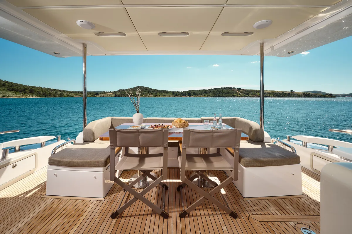 Deck of Alyss, a Azimut 72 yacht at Skradin, Croatia