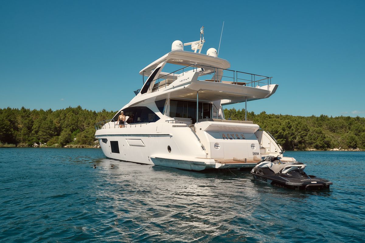 Exterior view of Alyss, a Azimut 72 yacht at Skradin, Croatia