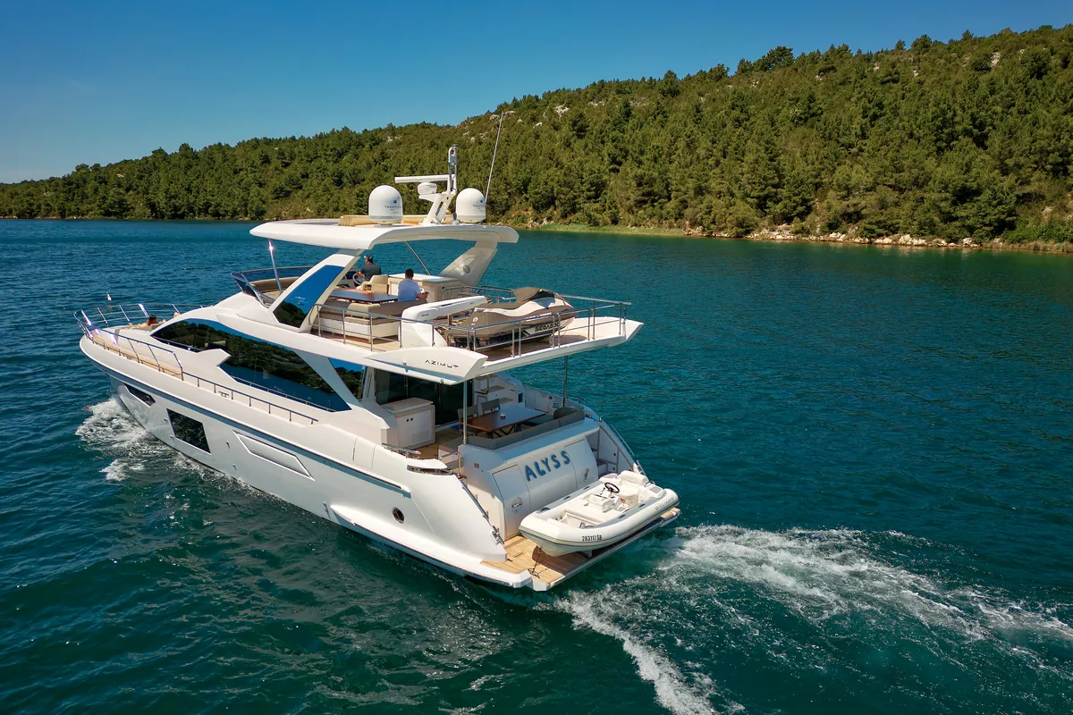 Exterior view of Alyss, a Azimut 72 yacht at Skradin, Croatia
