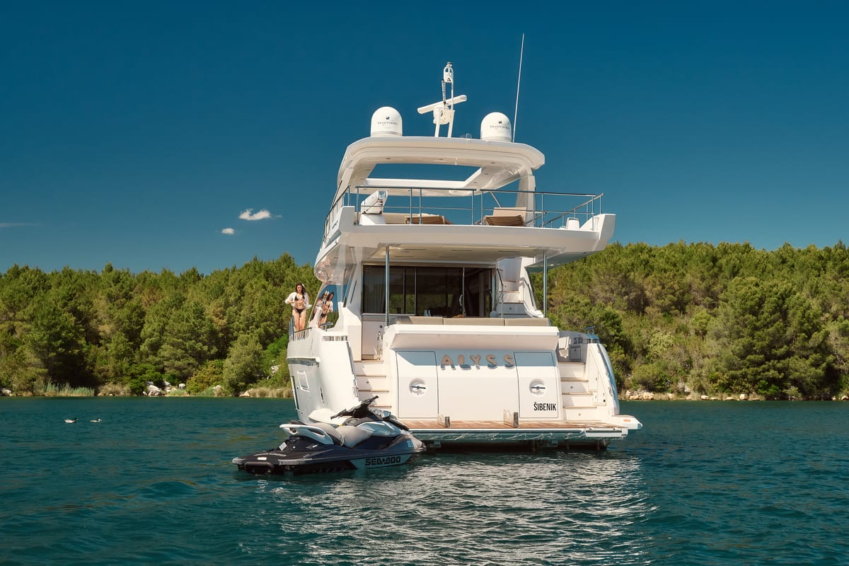 Exterior view of Alyss, a Azimut 72 yacht at Skradin, Croatia