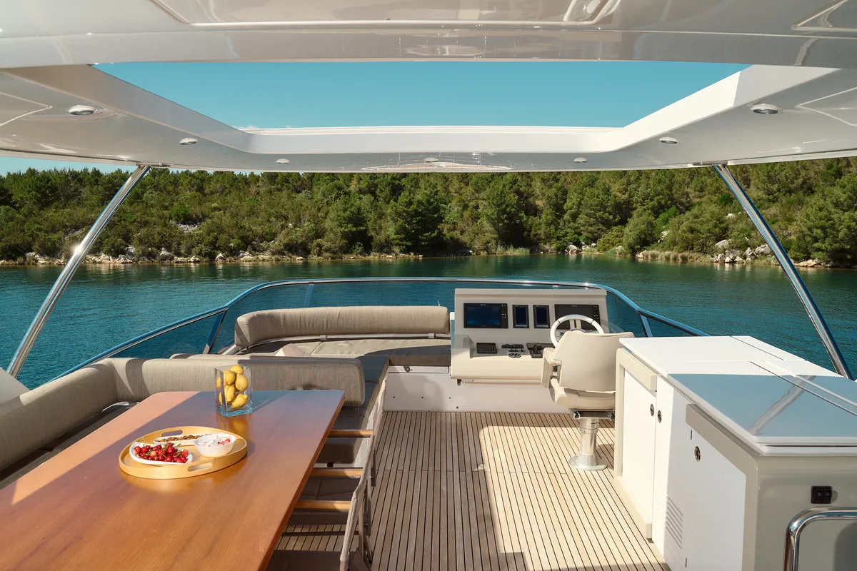 Deck of Alyss, a Azimut 72 yacht at Skradin, Croatia