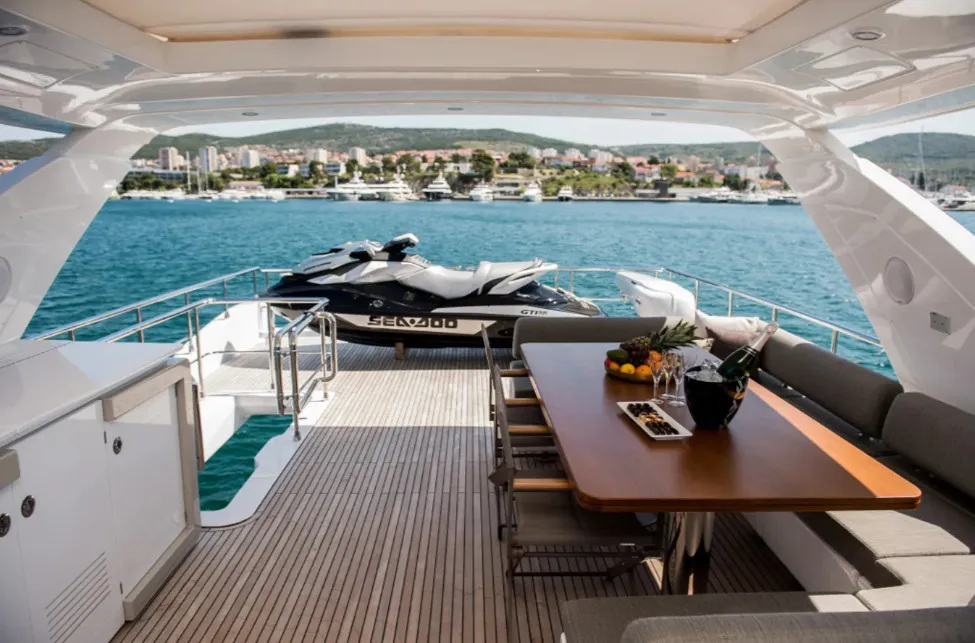 Deck of Alyss, a Azimut 72 yacht at Skradin, Croatia