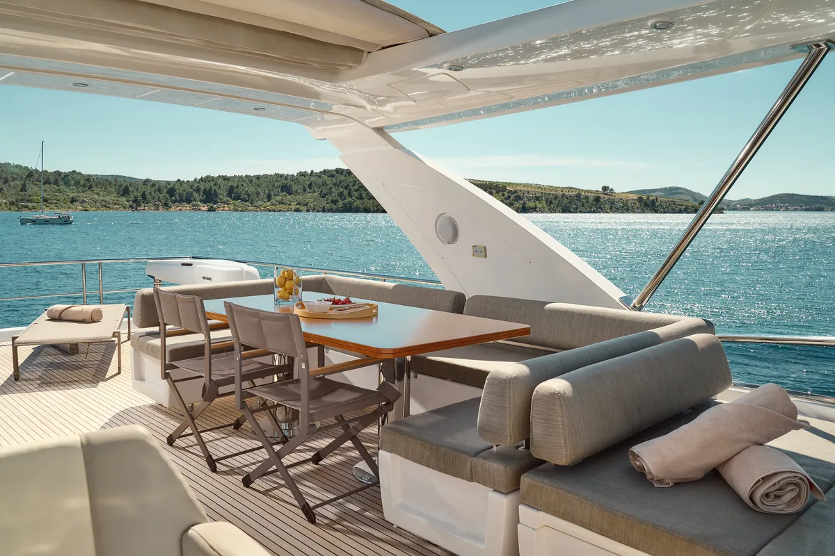 Deck of Alyss, a Azimut 72 yacht at Skradin, Croatia