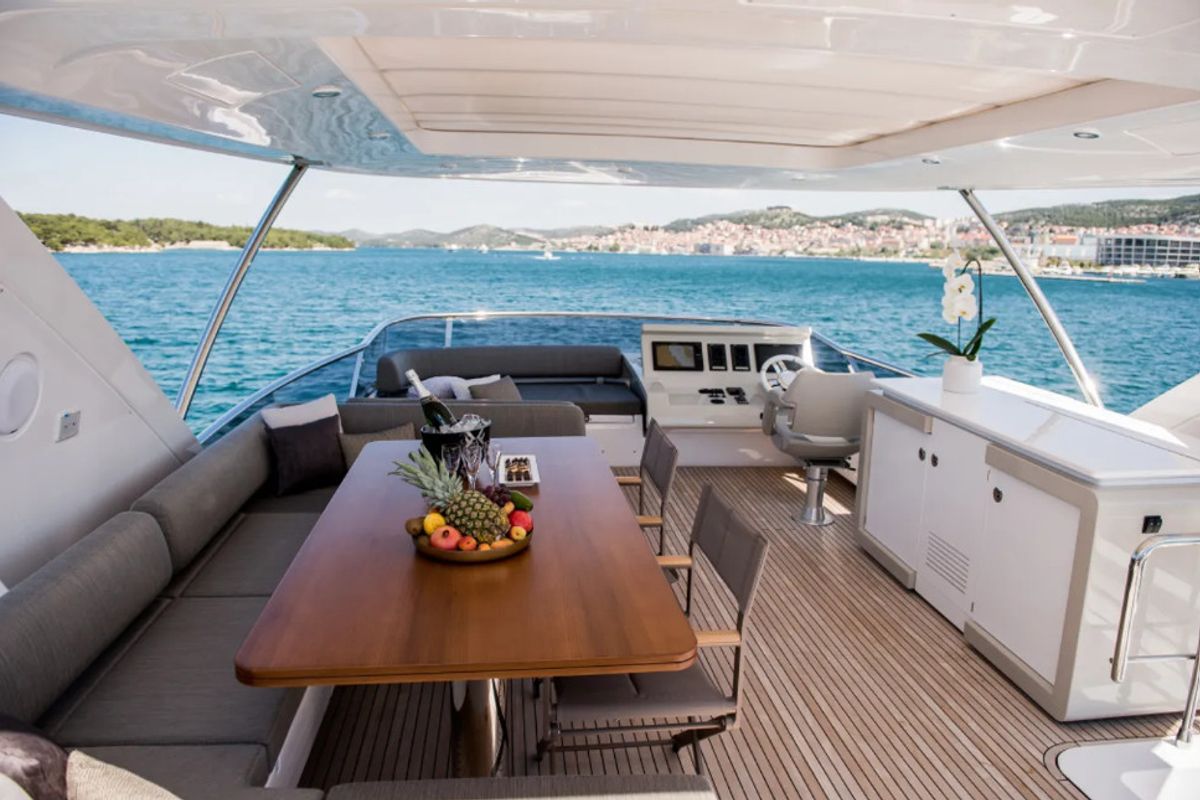Deck of Alyss, a Azimut 72 yacht at Skradin, Croatia