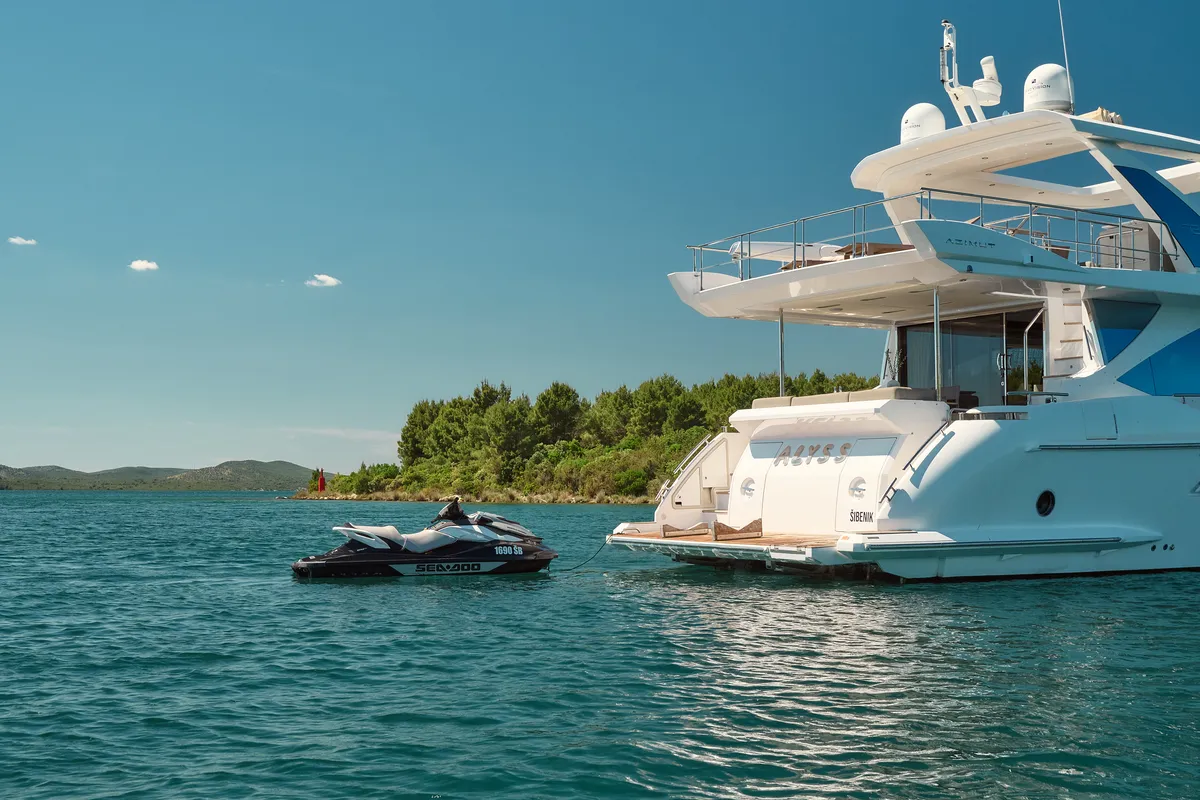 Exterior view of Alyss, a Azimut 72 yacht at Skradin, Croatia