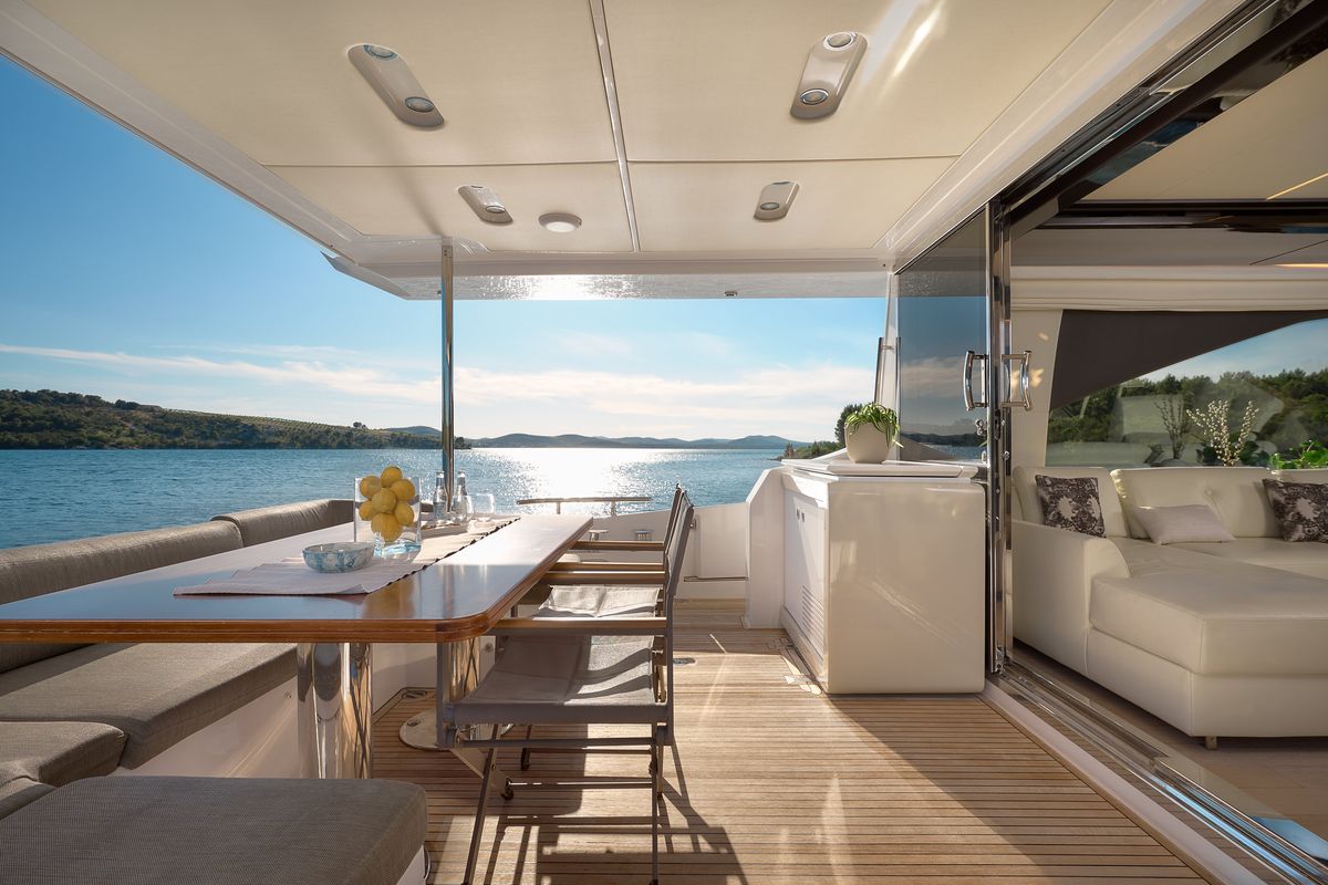 Deck of Alyss, a Azimut 72 yacht at Skradin, Croatia