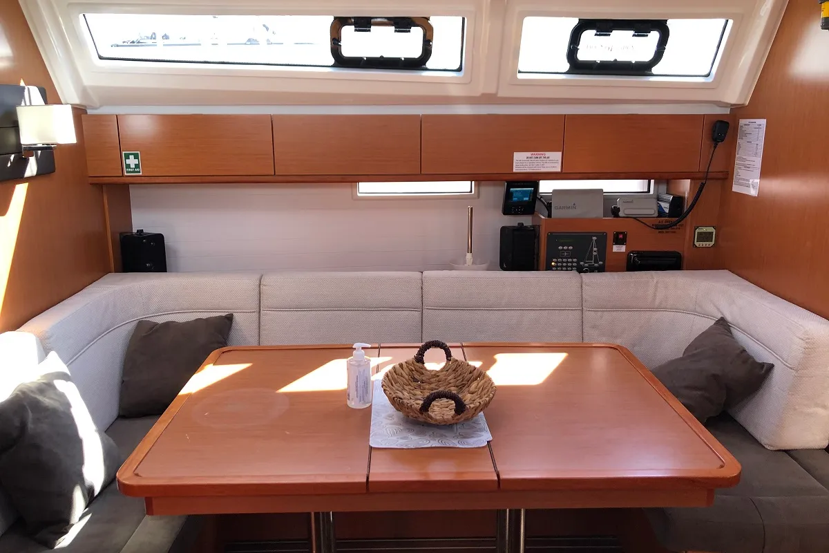 Salon of Orsalia, a Bavaria Cruiser 46 sailboat at Preveza, Greece
