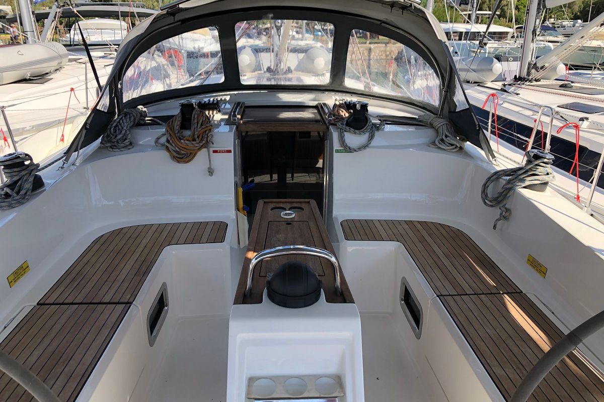 Cockpit of Orsalia, a Bavaria Cruiser 46 sailboat at Preveza, Greece