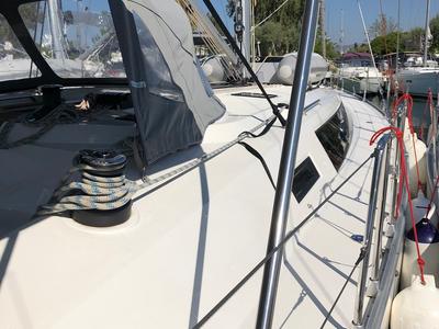 Deck of Orsalia, a Bavaria Cruiser 46 sailboat at Preveza, Greece