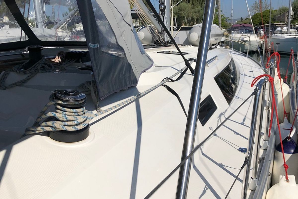 Deck of Orsalia, a Bavaria Cruiser 46 sailboat at Preveza, Greece