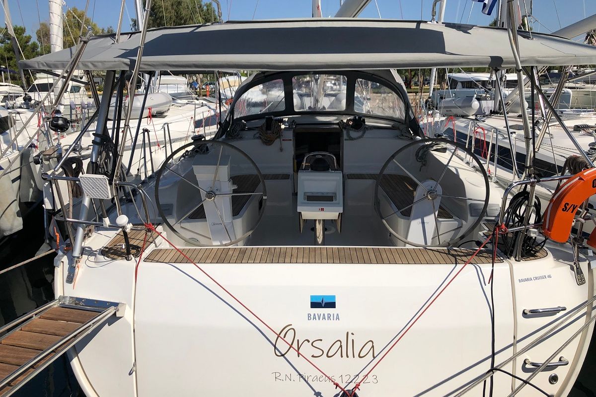 Exterior view of Orsalia, a Bavaria Cruiser 46 sailboat at Preveza, Greece