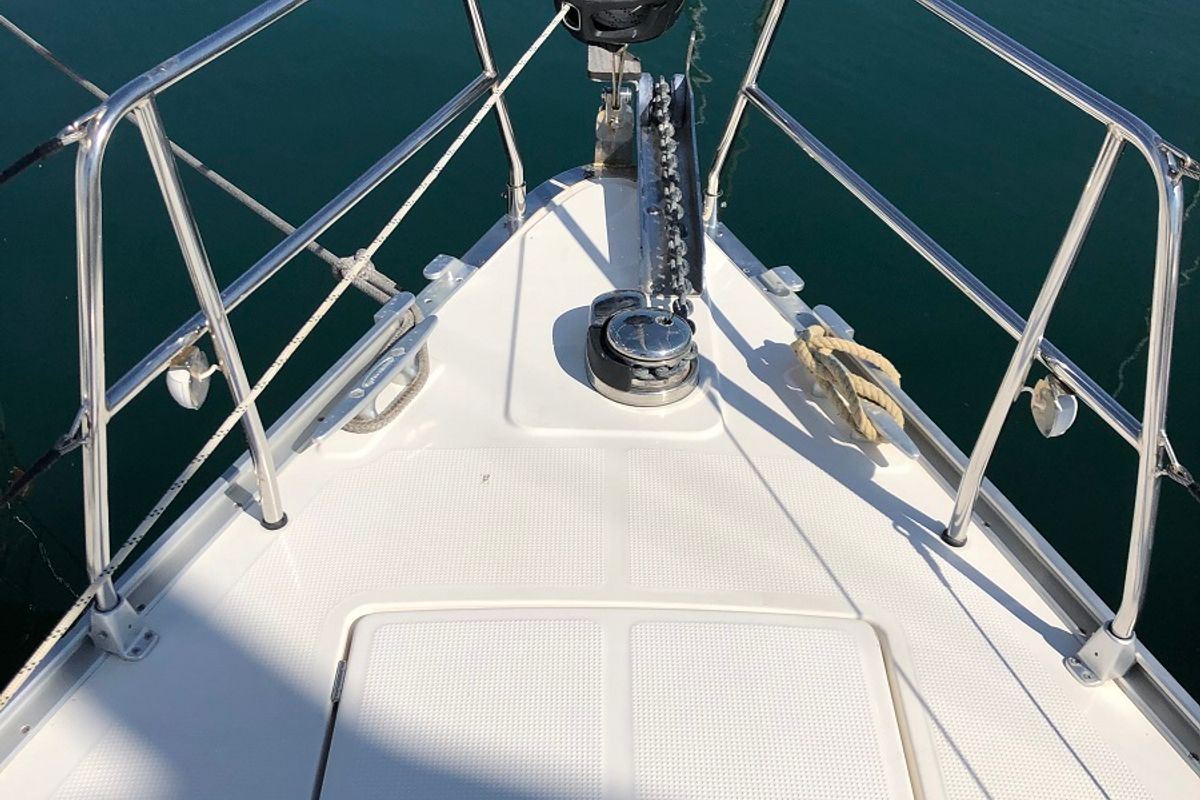 Deck of Orsalia, a Bavaria Cruiser 46 sailboat at Preveza, Greece