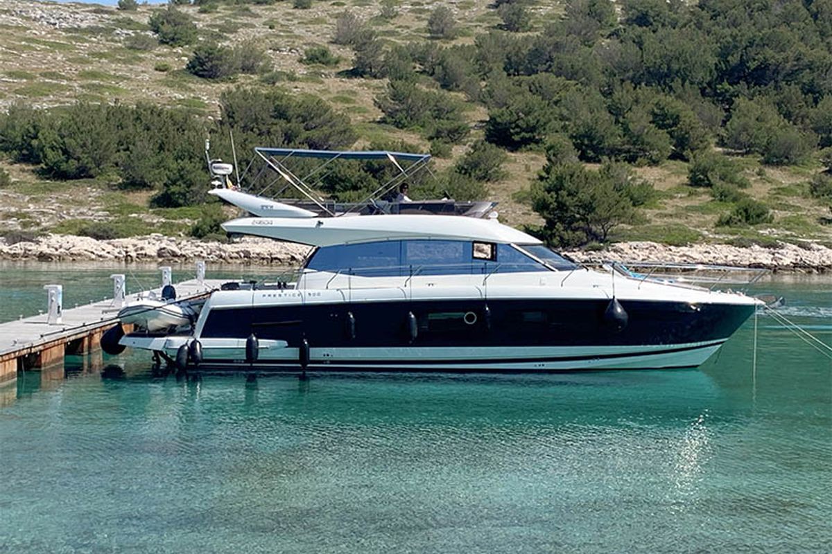 Exterior view of Serendipity I, a Prestige 500 motorboat at Grad Šibenik, Croatia