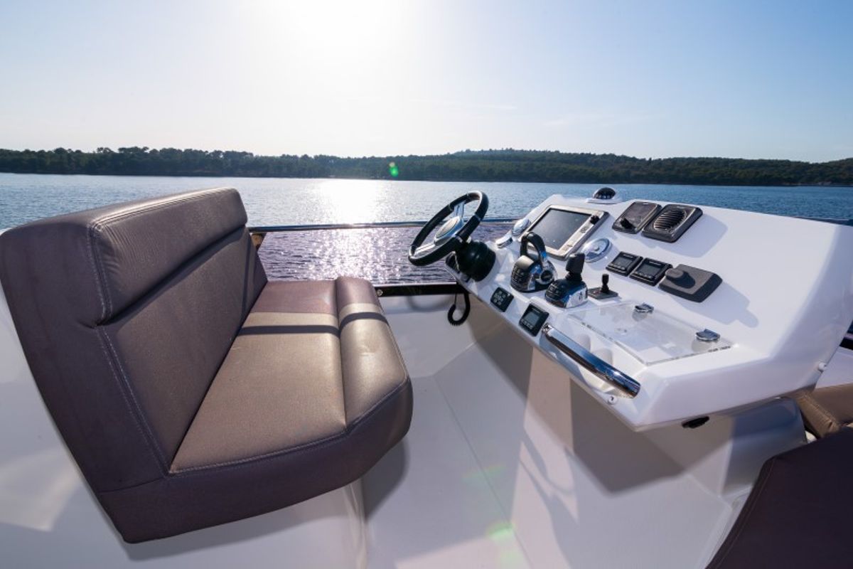 Cockpit of Serendipity I, a Prestige 500 motorboat at Grad Šibenik, Croatia