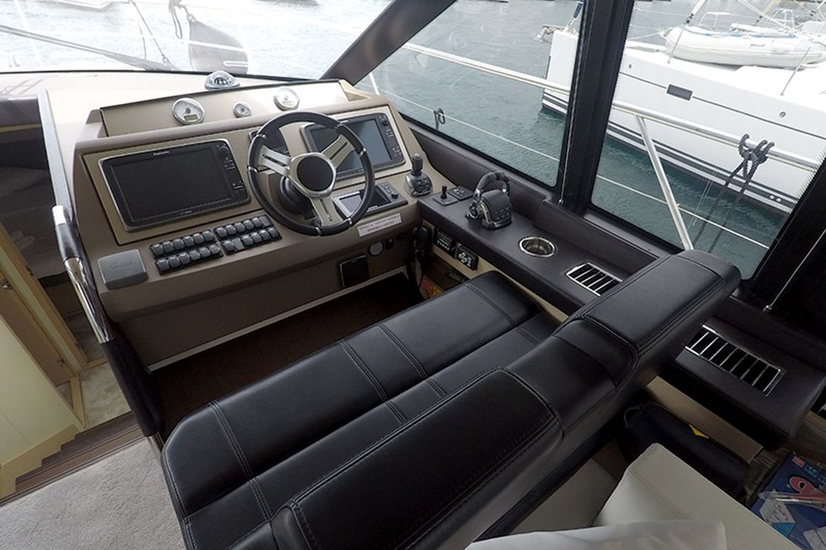 Cockpit of Serendipity I, a Prestige 500 motorboat at Grad Šibenik, Croatia