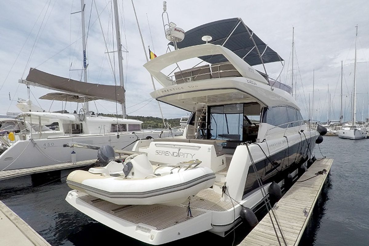 Exterior view of Serendipity I, a Prestige 500 motorboat at Grad Šibenik, Croatia