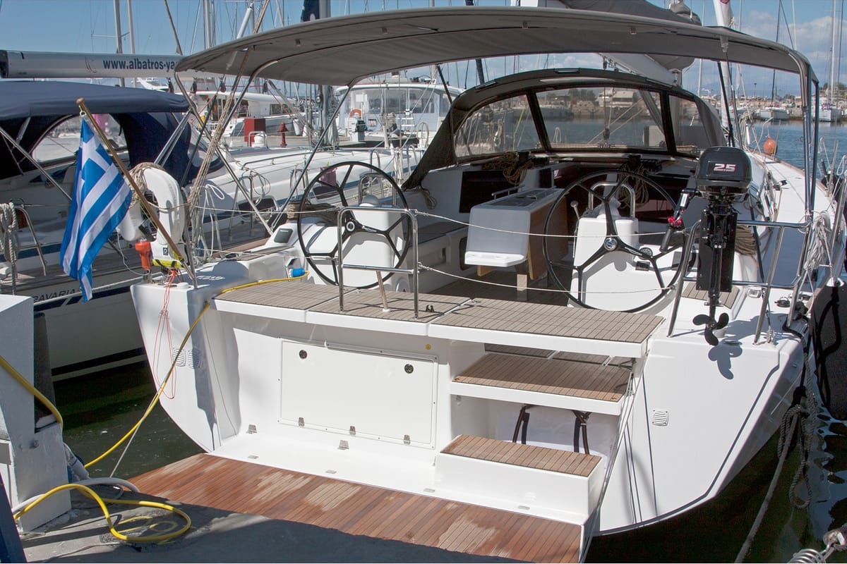 Cockpit of Vaiana, a Dufour 460 GL sailboat at Sithonia Municipal Unit, Greece