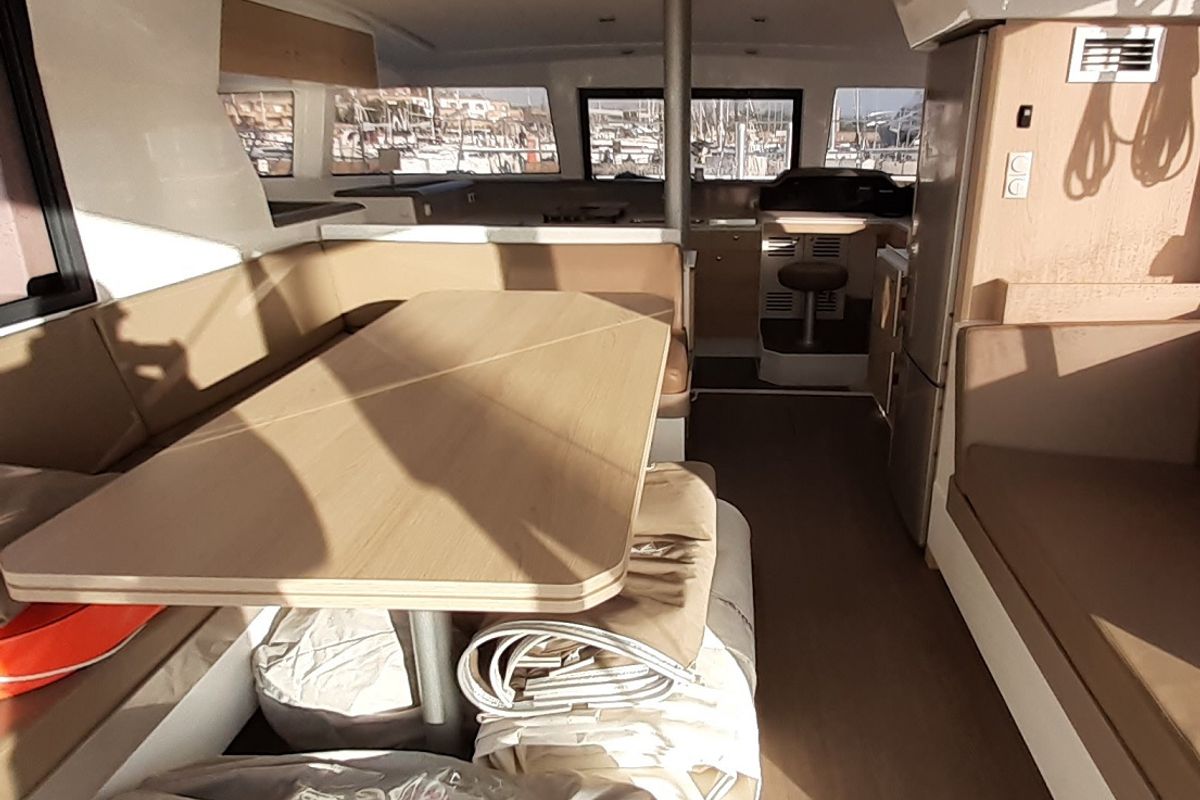 Salon of Eleftheria, a Bali 4.1 catamaran at Olbia, Italy